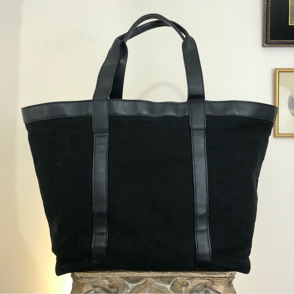 Extra Large Victoria’s Secret Black VS Tote Bag Shoulder Gold Faux Leather - Picture 3 of 11